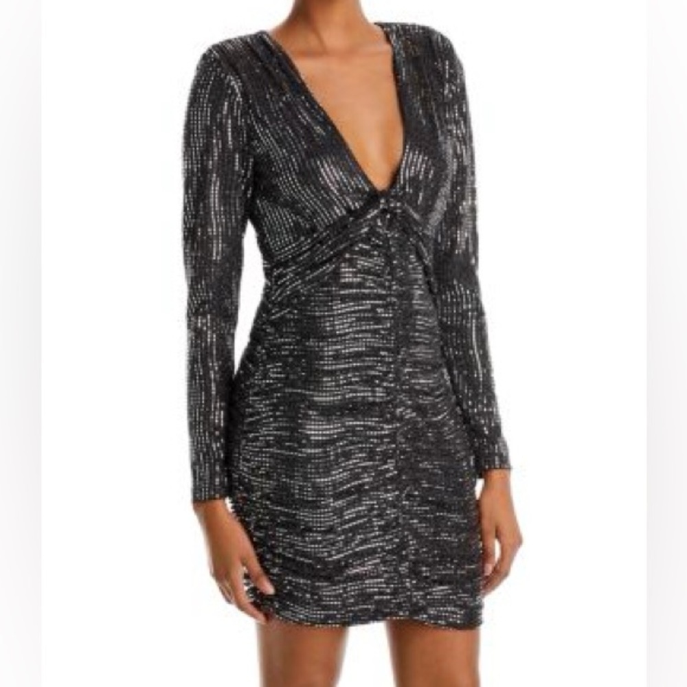 Aqua Metallic Sequined Stripe Ruched Mini Dress